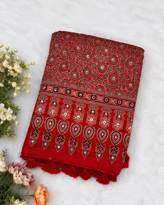 Red Color Ajrakh Print With Mirror Work And Latkan Japan Satin Saree 3