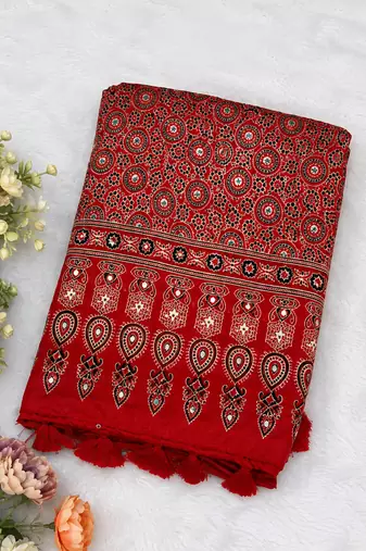 Red Color Ajrakh Print With Mirror Work And Latkan Japan Satin Saree