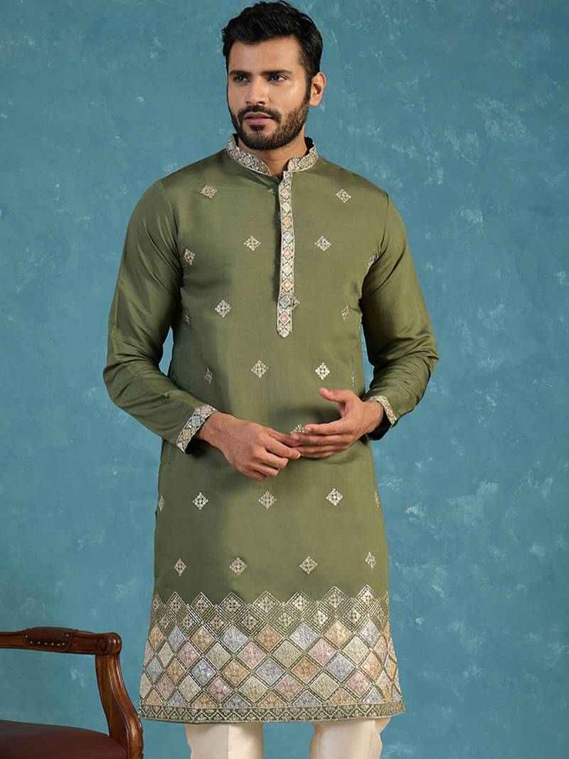 Mens silk blend green solid embroidered calf length straight kurta
