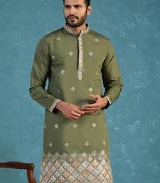 Mens silk blend green solid embroidered calf length straight kurta