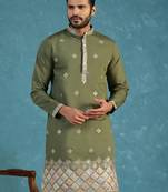 Mens silk blend green solid embroidered calf length straight kurta