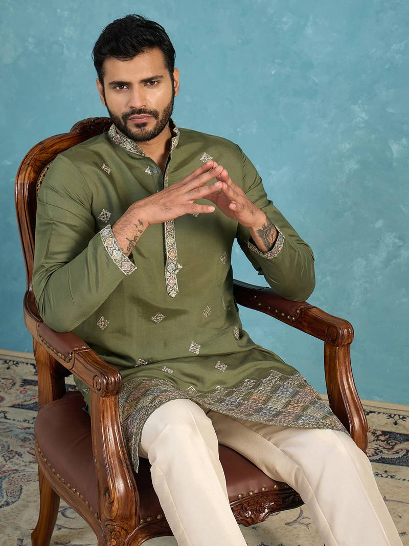 Mens silk blend green solid embroidered calf length straight kurta
