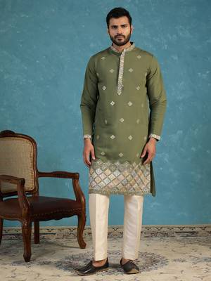 Mens silk blend green solid embroidered calf length straight kurta 3