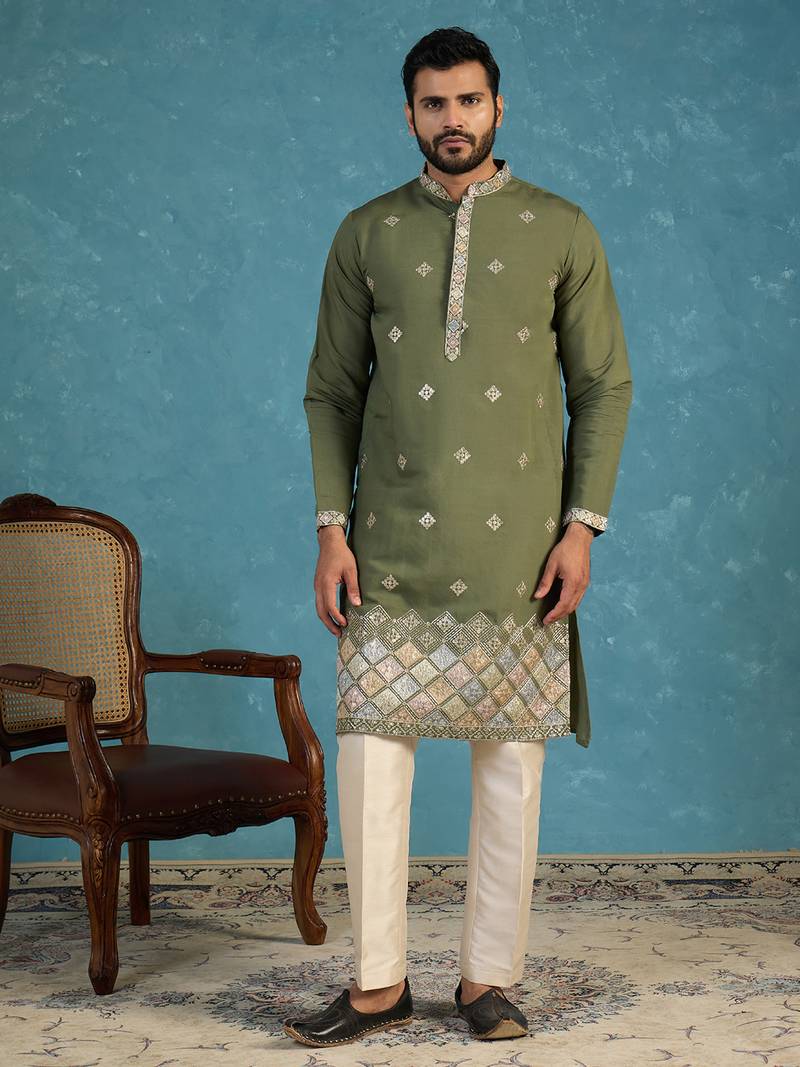 Mens silk blend green solid embroidered calf length straight kurta