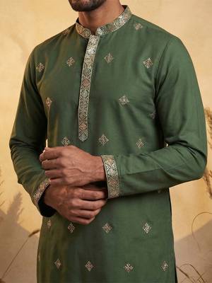 Mens silk blend green solid embroidered calf length straight kurta 3