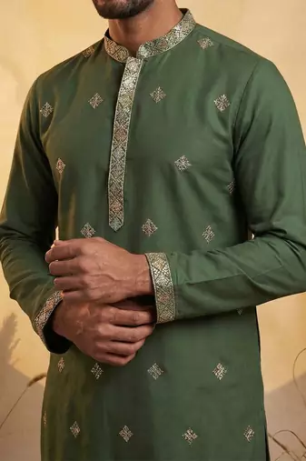 Mens silk blend green solid embroidered calf length straight kurta