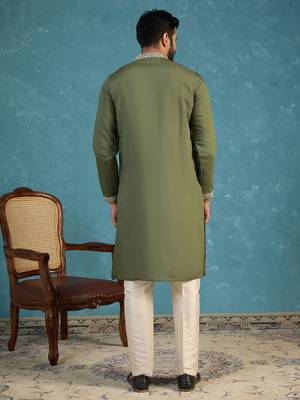 Mens silk blend green solid embroidered calf length straight kurta 4