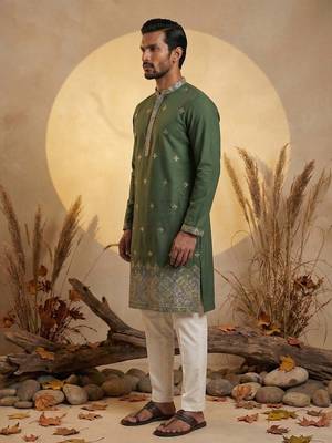 Mens silk blend green solid embroidered calf length straight kurta 4