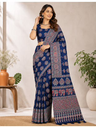 Royal Blue Color Ajrakh Print With Mirror Work And Latkan Japan Satin Saree 1