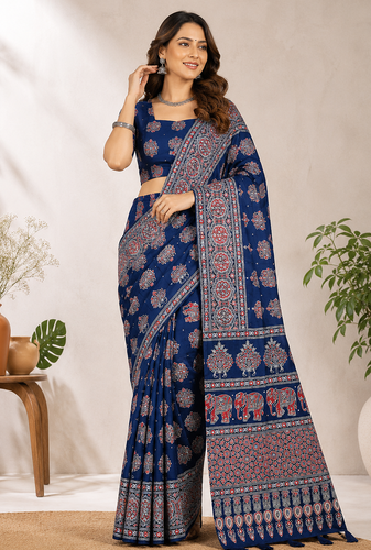 Royal Blue Color Ajrakh Print With Mirror Work And Latkan Japan Satin Saree
