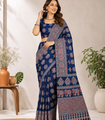 Royal Blue Color Ajrakh Print With Mirror Work And Latkan Japan Satin Saree