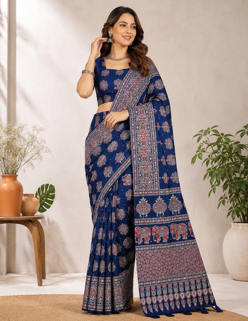 Royal Blue Color Ajrakh Print With Mirror Work And Latkan Japan Satin Saree