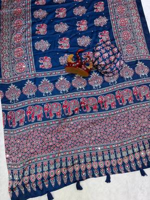 Royal Blue Color Ajrakh Print With Mirror Work And Latkan Japan Satin Saree 2