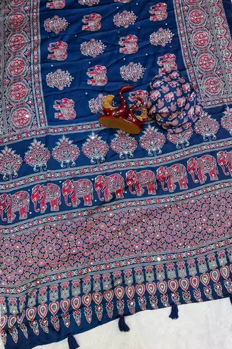Royal Blue Color Ajrakh Print With Mirror Work And Latkan Japan Satin Saree