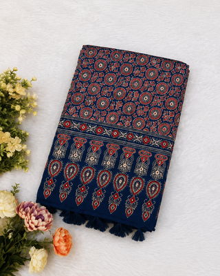 Royal Blue Color Ajrakh Print With Mirror Work And Latkan Japan Satin Saree 3