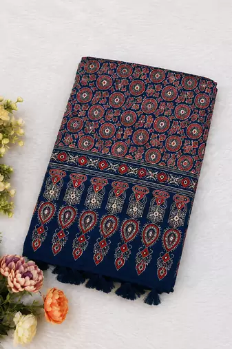 Royal Blue Color Ajrakh Print With Mirror Work And Latkan Japan Satin Saree