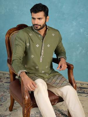 Mens silk blend green solid embroidered calf length straight kurta 5