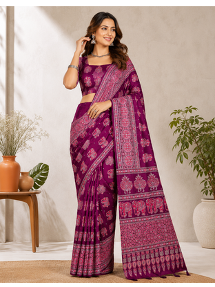 Wine Color Ajarakh Print With Mirror Work And Latkan Japan Satin Saree 1