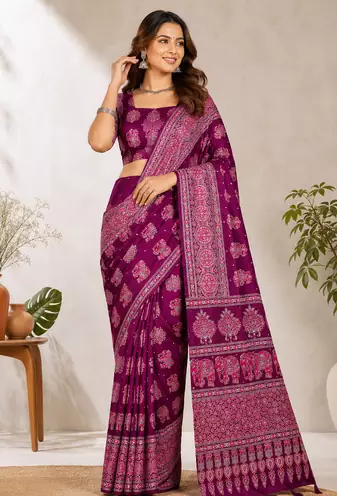 Wine Color Ajarakh Print With Mirror Work And Latkan Japan Satin Saree