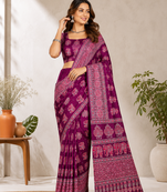 Wine Color Ajarakh Print With Mirror Work And Latkan Japan Satin Saree