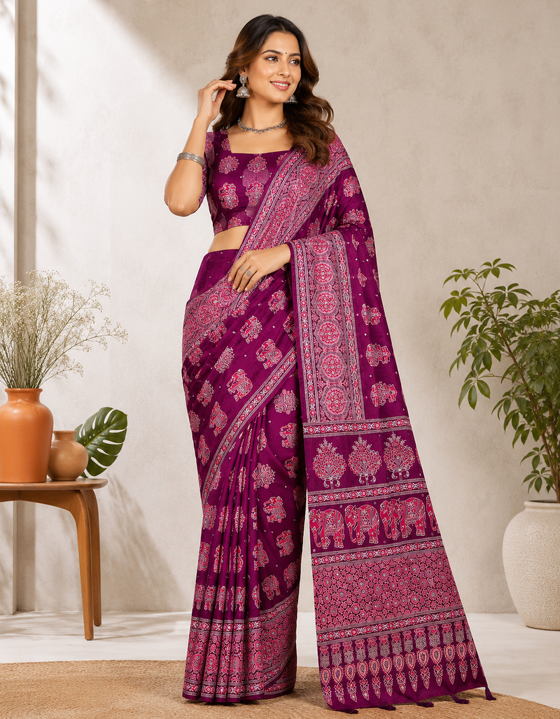 Wine Color Ajarakh Print With Mirror Work And Latkan Japan Satin Saree