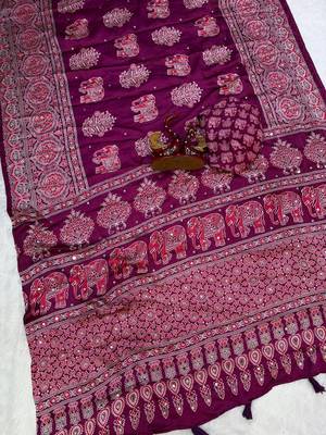 Wine Color Ajarakh Print With Mirror Work And Latkan Japan Satin Saree 2