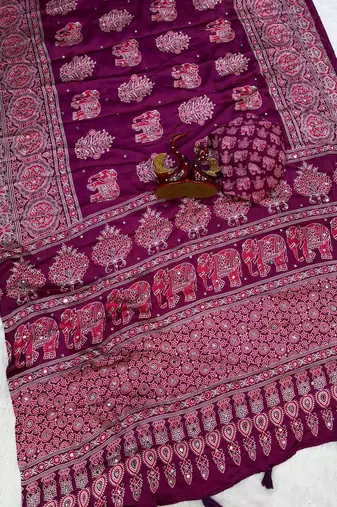 Wine Color Ajarakh Print With Mirror Work And Latkan Japan Satin Saree