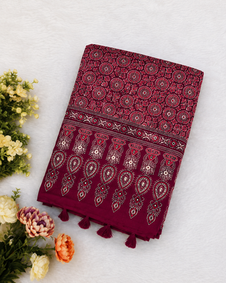 Wine Color Ajarakh Print With Mirror Work And Latkan Japan Satin Saree 3