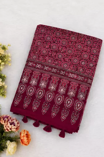 Wine Color Ajarakh Print With Mirror Work And Latkan Japan Satin Saree