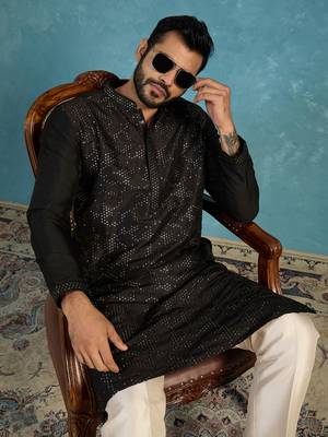 Mens silk blend black solid embroidered calf length straight kurta 1
