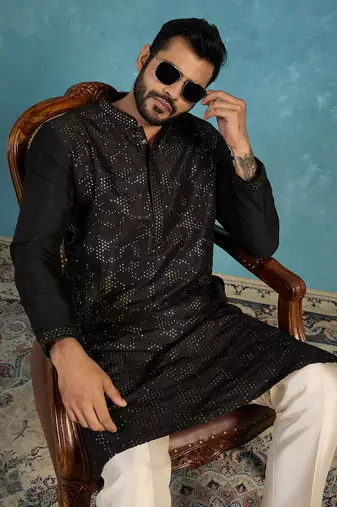 Mens silk blend black solid embroidered calf length straight kurta