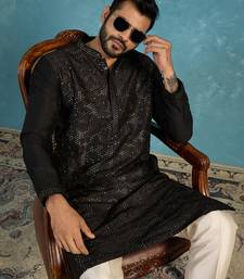 Mens silk blend black solid embroidered calf length straight kurta