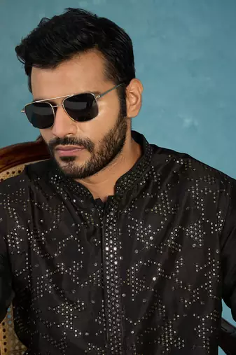 Mens silk blend black solid embroidered calf length straight kurta