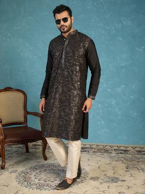 Mens silk blend black solid embroidered calf length straight kurta 3