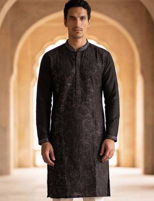 Mens silk blend black solid embroidered calf length straight kurta 3