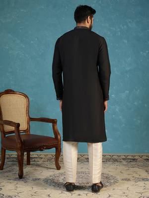 Mens silk blend black solid embroidered calf length straight kurta 4