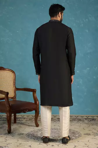Mens silk blend black solid embroidered calf length straight kurta
