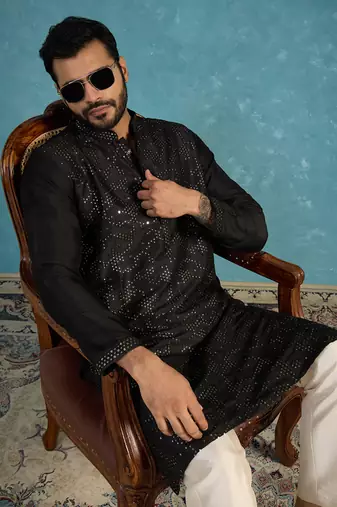 Mens silk blend black solid embroidered calf length straight kurta