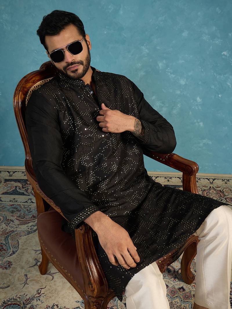 Mens silk blend black solid embroidered calf length straight kurta