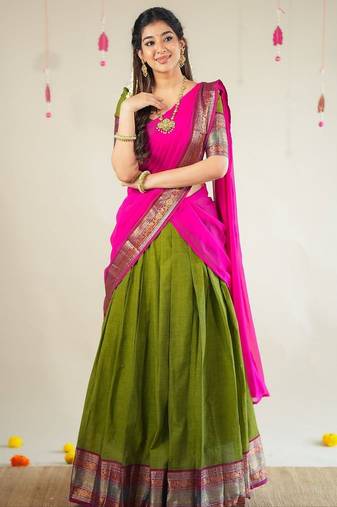 Olive Green Kanjivaram Silk Half Saree – Traditional Zari Weaving Langa Voni Set For Women's