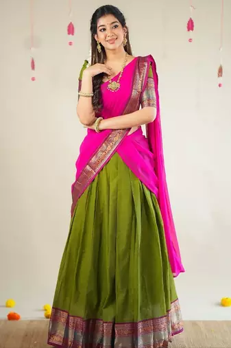 Olive Green Kanjivaram Silk Half Saree     Traditional Zari Weaving Langa Voni Set For Women's