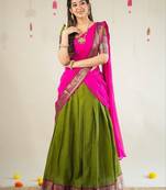 Olive Green Kanjivaram Silk Half Saree – Traditional Zari Weaving Langa Voni Set For Women's