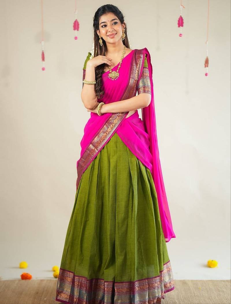 Olive Green Kanjivaram Silk Half Saree – Traditional Zari Weaving Langa Voni Set For Women's