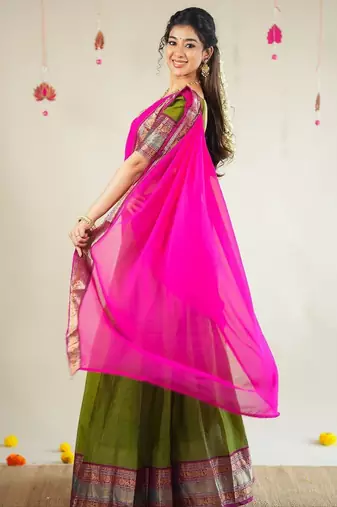 Olive Green Kanjivaram Silk Half Saree     Traditional Zari Weaving Langa Voni Set For Women's