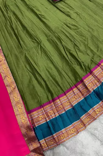 Olive Green Kanjivaram Silk Half Saree     Traditional Zari Weaving Langa Voni Set For Women's