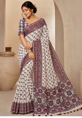 White Color Ajrakh Print With Mirror Work And Latkan Japan Satin Saree 1