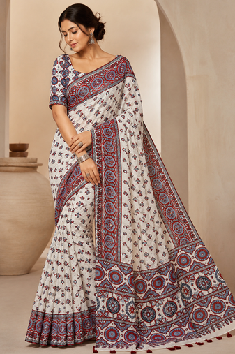 White Color Ajrakh Print With Mirror Work And Latkan Japan Satin Saree