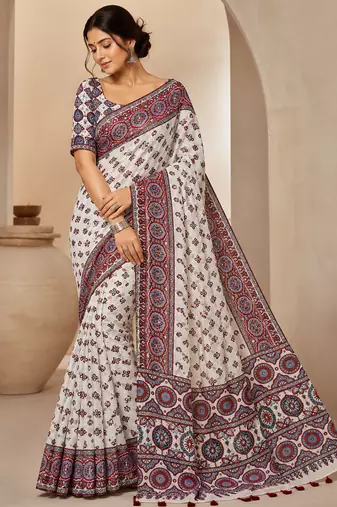 White Color Ajrakh Print With Mirror Work And Latkan Japan Satin Saree