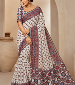 White Color Ajrakh Print With Mirror Work And Latkan Japan Satin Saree