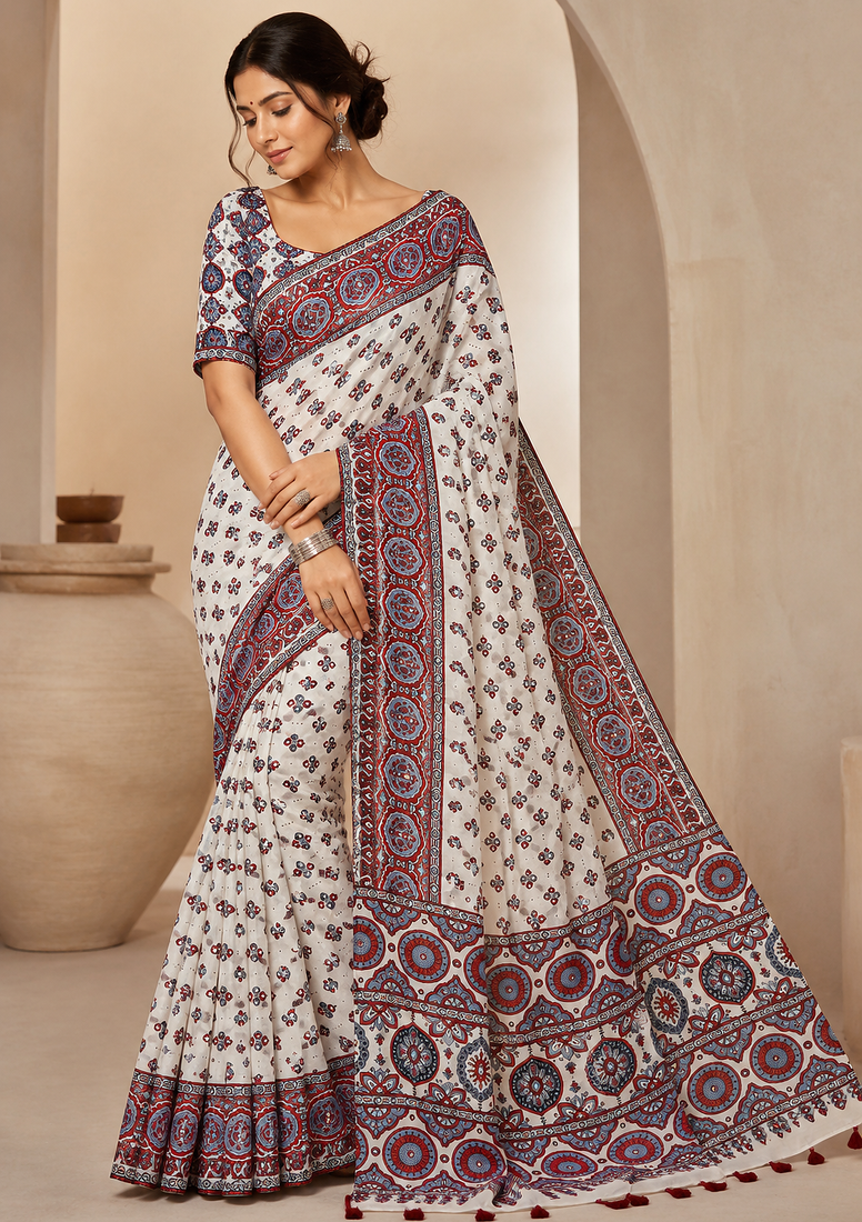 White Color Ajrakh Print With Mirror Work And Latkan Japan Satin Saree
